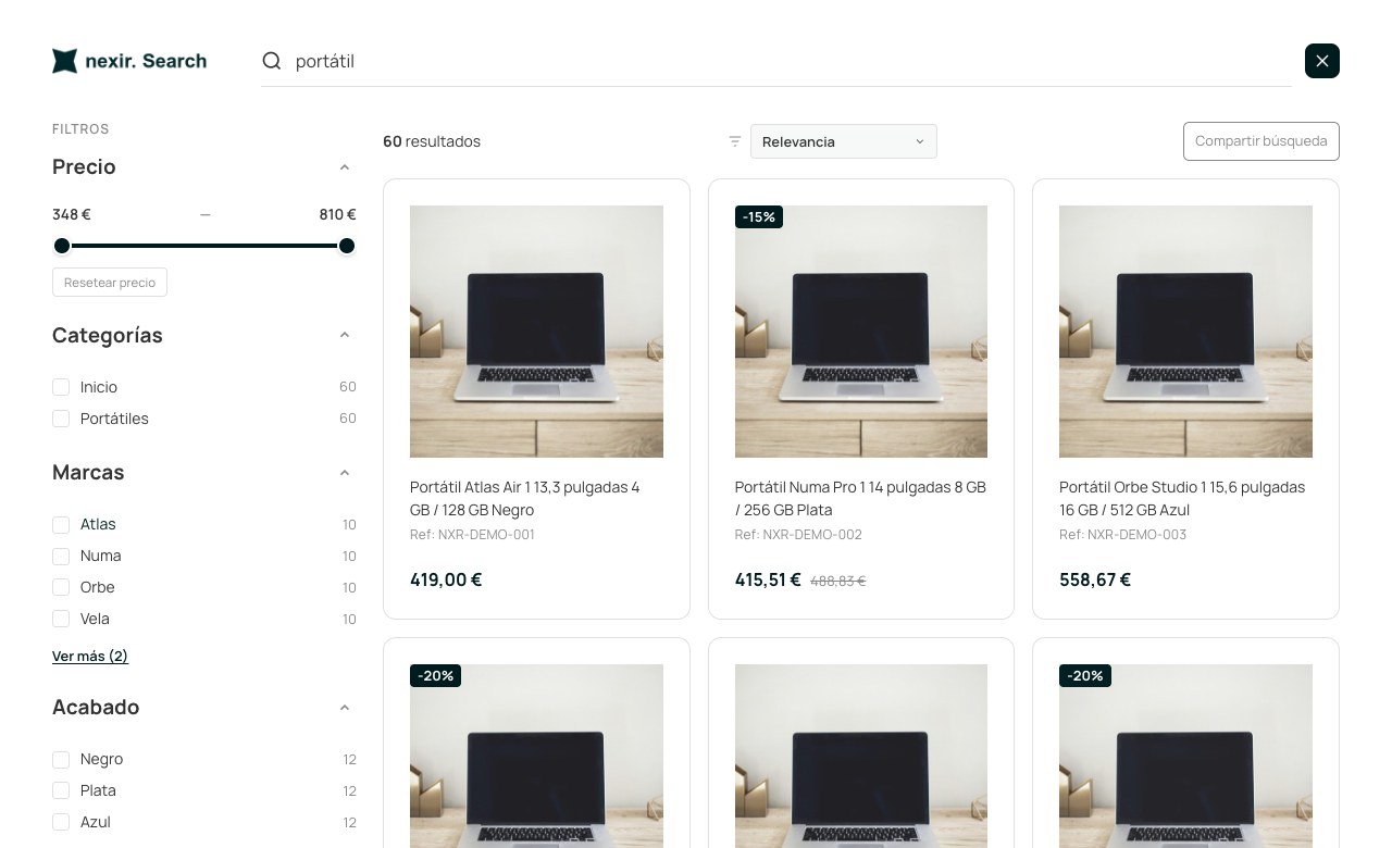 Panel de Nexir Search con productos, precios, filtros laterales y ordenación